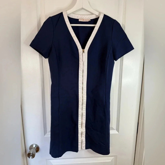 Tory Burch Women’s Blue & Whiter Kimberly Zip Front Mini Dress Size Small Petite